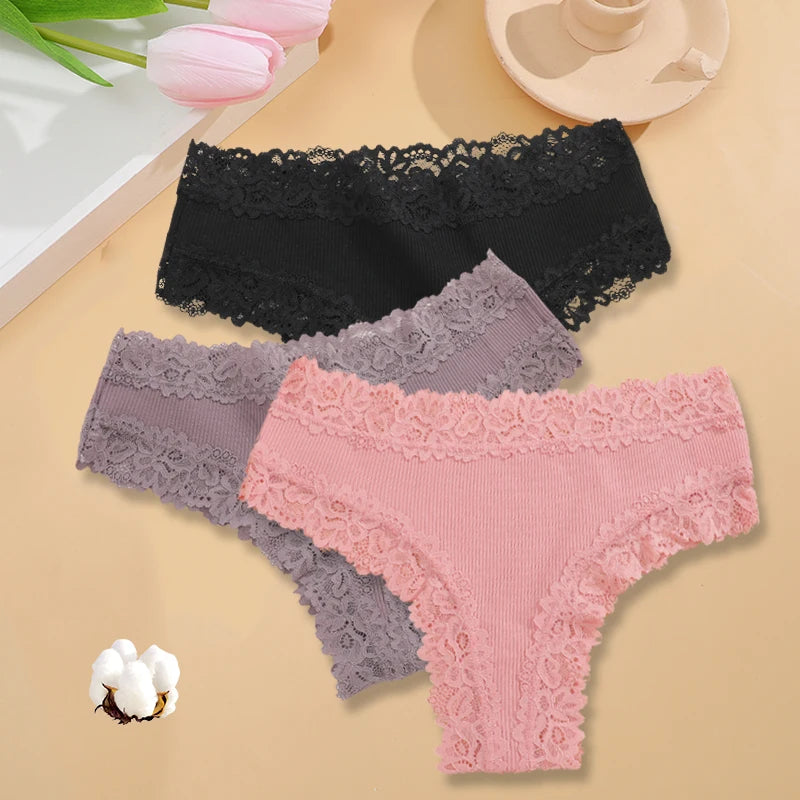 3PCS/Set Women Sexy Lace Panties Cotton Seamless Brazilian Panties Female Sexy Low Rise Soft Underwear G-String Lingerie S-XL - Matrix Studios