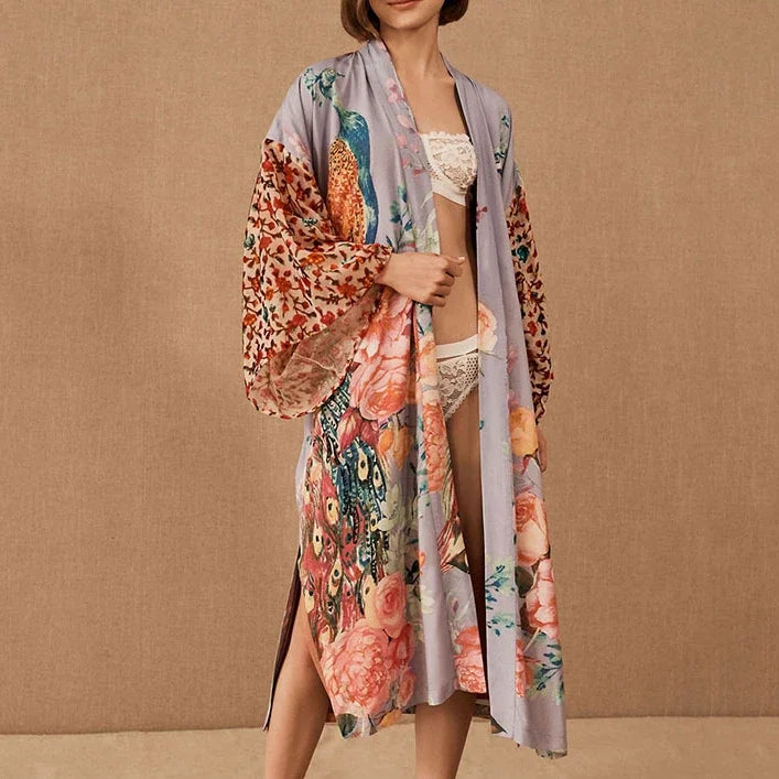 TEELYNN Casual Floral Print Cover-Ups Women Robe Vintage Gown Flare Sleeve Kimono Dress Boho Beach Wear Kaftan Summer Vestidos - Matrix Studios