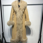 Suede Coat Fur Collar Women Autumn Genuine Sheepskin Coat Long with Mongfolian Fur Trim - Matrix Studios