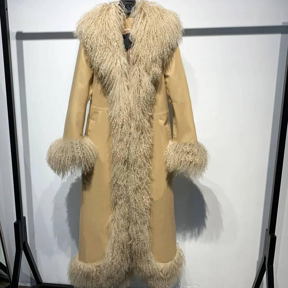 Suede Coat Fur Collar Women Autumn Genuine Sheepskin Coat Long with Mongfolian Fur Trim - Matrix Studios