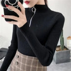 Knitted Women Zipper Half High Neck Sweater Pullovers Autumn Winter Basic Women Sweaters Slim Solid Knitwear Pull Femme Tops - Matrix-studios.com