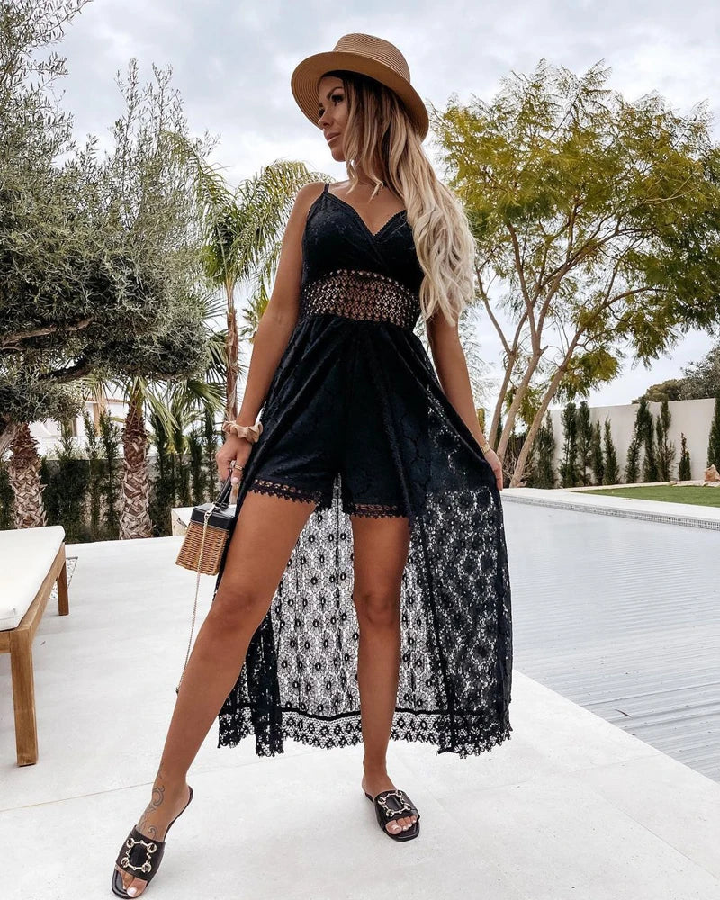 Summer V Neck Solid Color Lace Hollow-Out Sleeveless Sling Party Wear High Waist Rompers Holiday Casual White Women's Jumpsuit - Matrix Studios