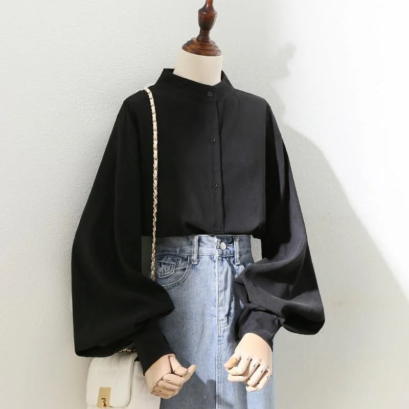 Woman Spring Autumn Style Blouses Shirt Lady Long Lantern Sleeve Stand Collar Loose Blusas Tops DF4847 - Matrix-studios.com