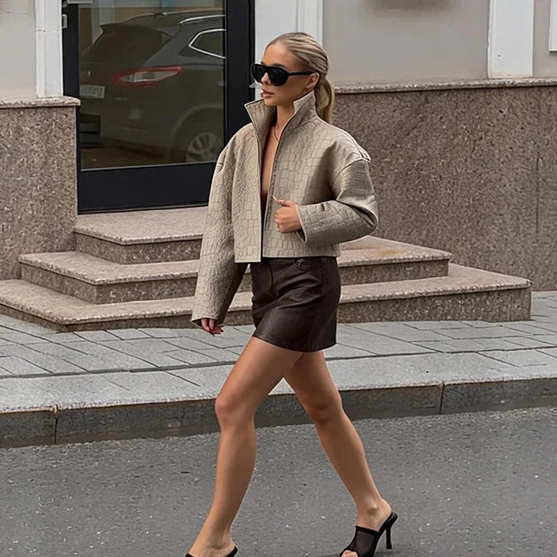 Crocodile Pattern Embossed Short Women Leather Jacket Stand Collar Zipper Long Sleeved Cropped Jackets 2026 Street Daily Outfit - Matrix Studios