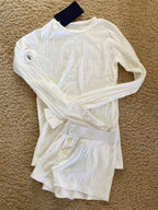 Eyelet Buttons White Long Sleeve T-shirt Shorts Set Woman Slim Tees+Elastic Straight Sweatshort Cotton Home Pajama 2 Piece Sets - Matrix-studios.com