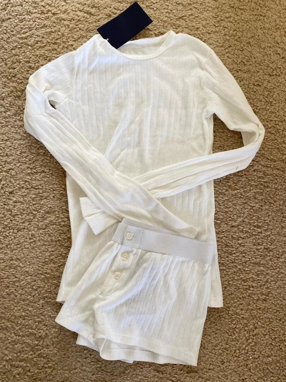 Eyelet Buttons White Long Sleeve T-shirt Shorts Set Woman Slim Tees+Elastic Straight Sweatshort Cotton Home Pajama 2 Piece Sets - Matrix-studios.com