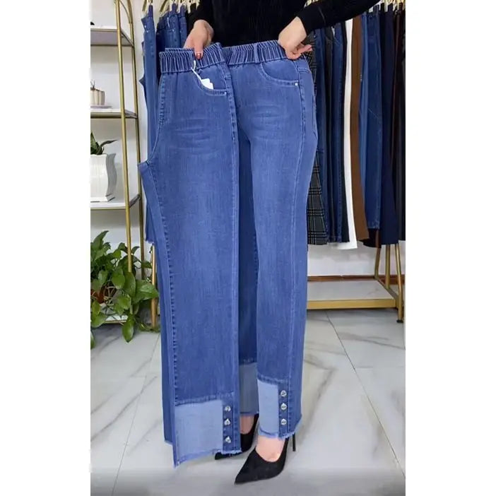 Middle-aged Women's Jeans Spring Autumn Stretch Waist Straight Denim Pants Large Size Loose High Waist Casual Black Blue Trouser - Matrix-studios.com