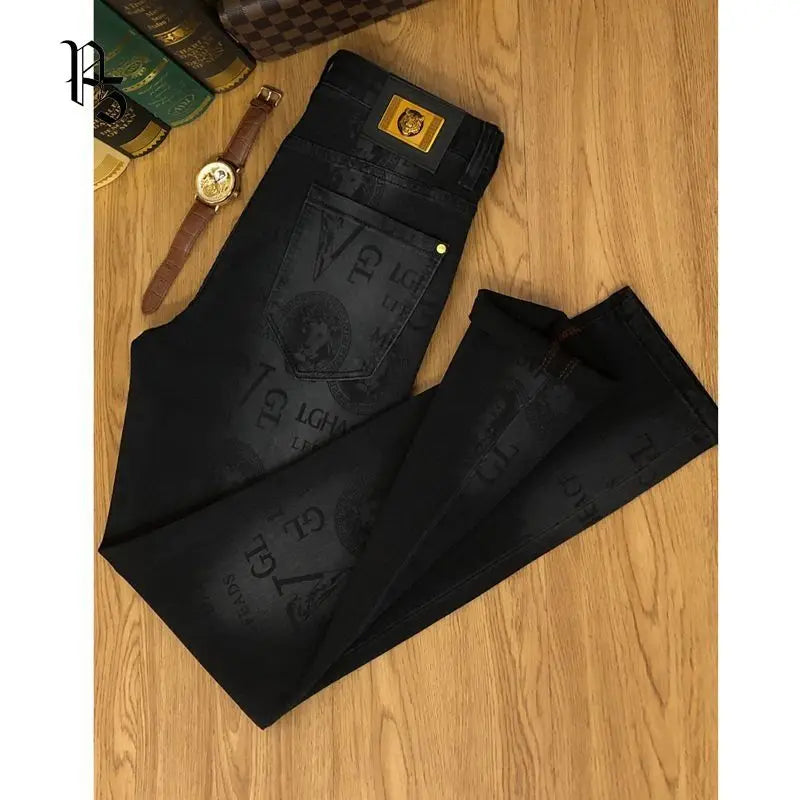Spring and Autumn Korean Slim Jeans for Men 2025 High-end Luxury Clothing Black Printing Mid-waist Stretch Casual Pencil Pants - Matrix Studios