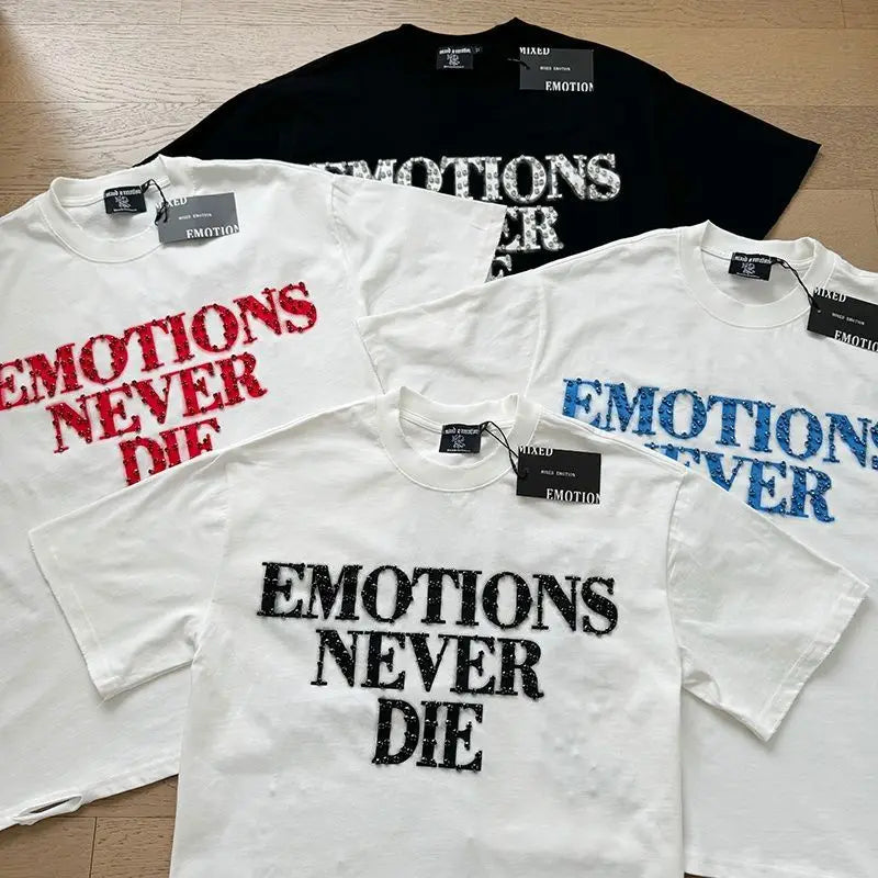MIXED EMOTION Shirt Rhinestone Short Sleeve Men Women T-shirt Streetwear 100% Cotton Loose Round Neck Top Tees Oversized Tee Top - Matrix Studios