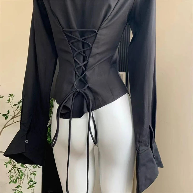 Fashion Lace Up Women Shirts Korean Slim Bell Sleeve White Blouse Spring New Streetwear All Match Ladies Button Tops - Matrix-studios.com