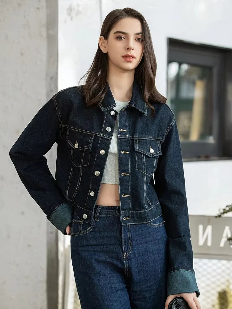 HH Women Fashion Denim Set Casual Lapel Long Sleeve Crop Jacket Buttons Female Vintage Wide Leg Loose Jeans Long Pants - Matrix-studios.com