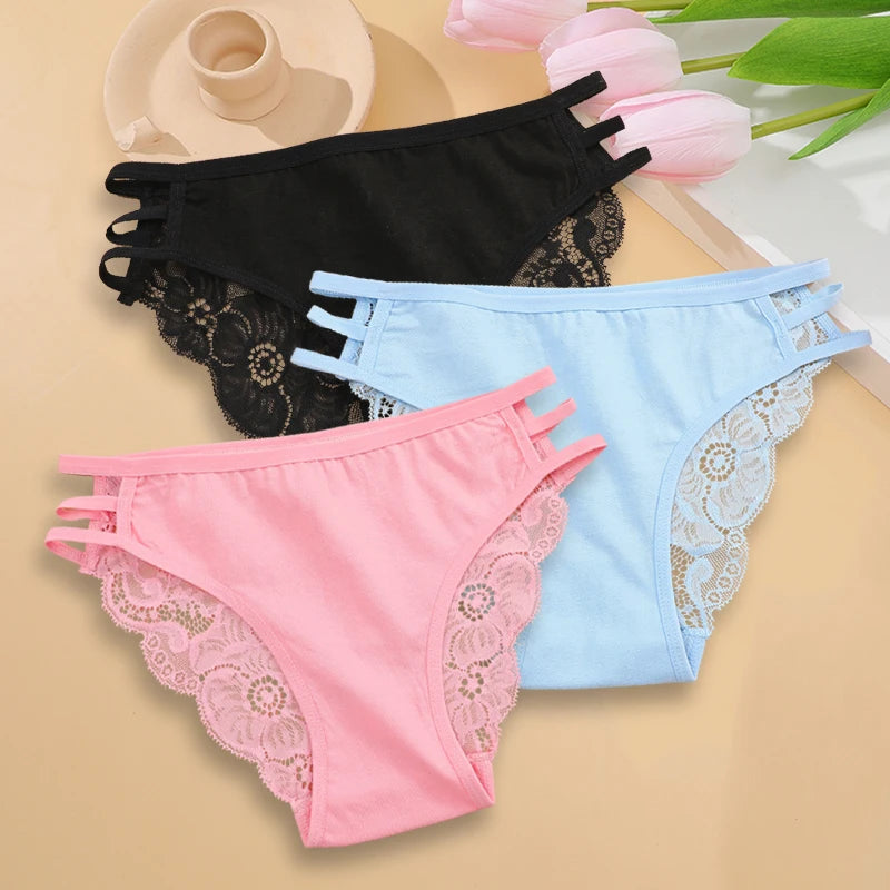 3PC/Set Women's Sexy Floral Lace Panties Low Rise Hollow Out Briefs Transparent Underwear Female Elastic Straps Soft Lingerie - Matrix Studios
