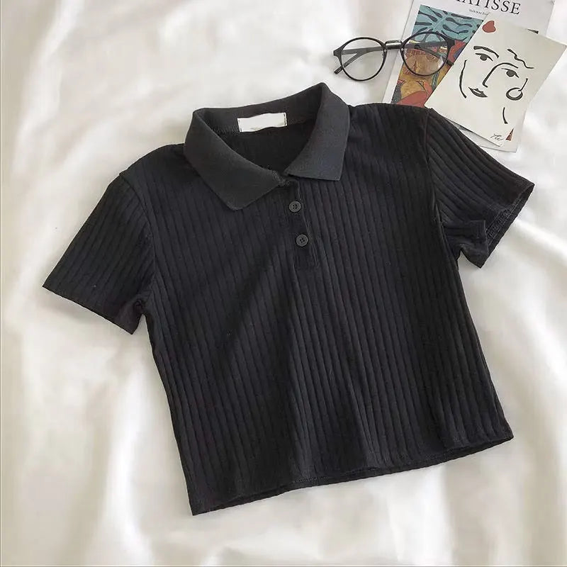 Preppy Knit Polo Neck Crop Top Women Summer Short Sleeve T-shirt Youthful Solid Color Female Basic Blouse Lady Pullover - Matrix-studios.com