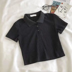 Preppy Knit Polo Neck Crop Top Women Summer Short Sleeve T-shirt Youthful Solid Color Female Basic Blouse Lady Pullover - Matrix-studios.com