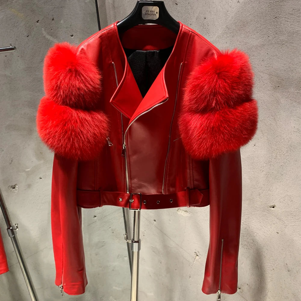 Leather Jacket Factory Ladies Short Leather Jacket Real Fox Fur Sleeve Coat Women Autumn 21001 - Matrix Studios