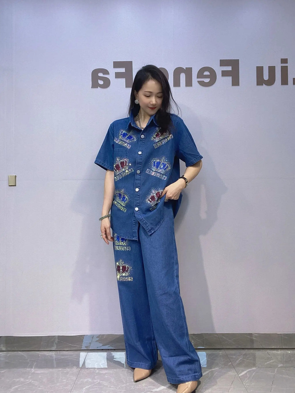 Sequins Crown Denim Wide Leg Pant Sets Woman Jeans 2 Piece Sets Turn Down Collar Short Sleeve Blouse Matching Sets Outfits Stree - Matrix-studios.com