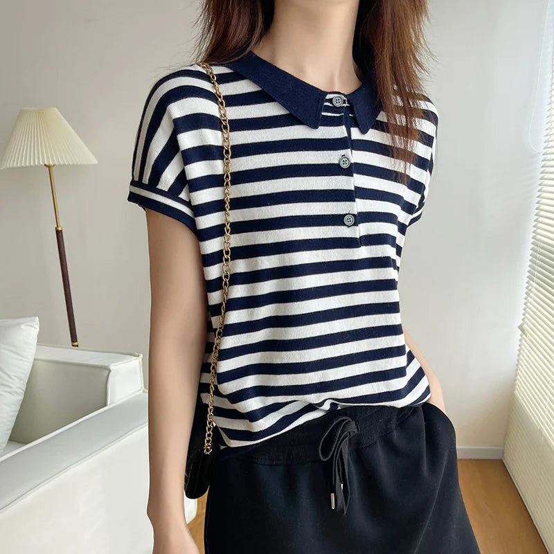 100% pure cotton short sleeved T-shirt women's summer Korean version new polo collar striped knitted sweater loose top - Matrix-studios.com