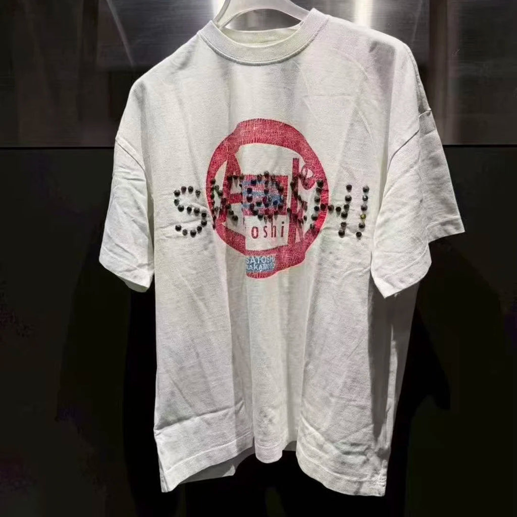 26SS Satoshi Nakamoto T-shirt Men's Multi-color Bead Letter Burst Pattern Print Washed Retro Loose Short Sleeve Streetwear - Matrix-studios.com