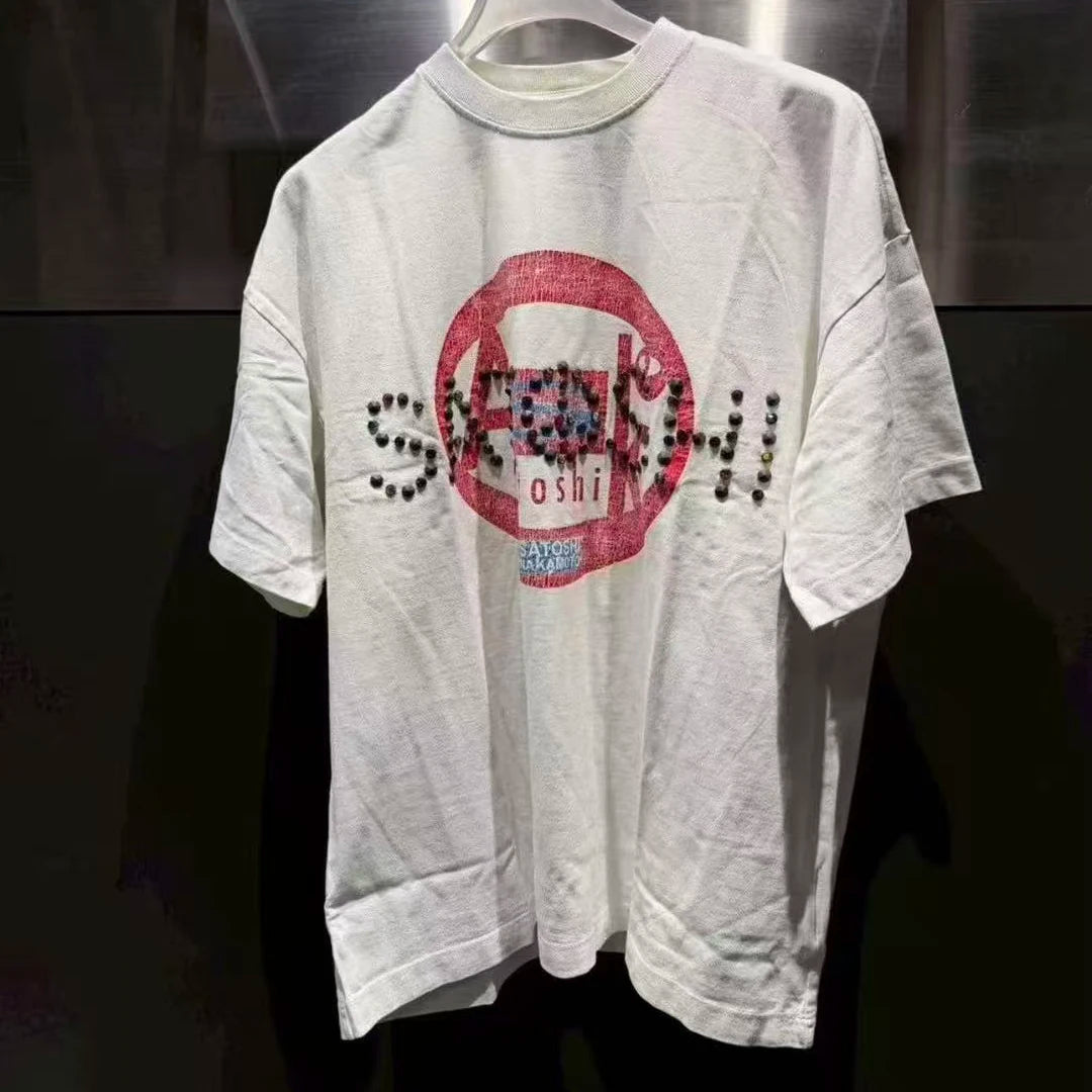 26SS Satoshi Nakamoto T-shirt Men's Multi-color Bead Letter Burst Pattern Print Washed Retro Loose Short Sleeve Streetwear - Matrix-studios.com