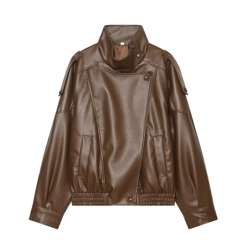 Women's Jacket 2026 Autunm  New Black Long Sleeve Pebble Faux Leather Jacket Motorcycle Style Personality Fashion - Matrix Studios
