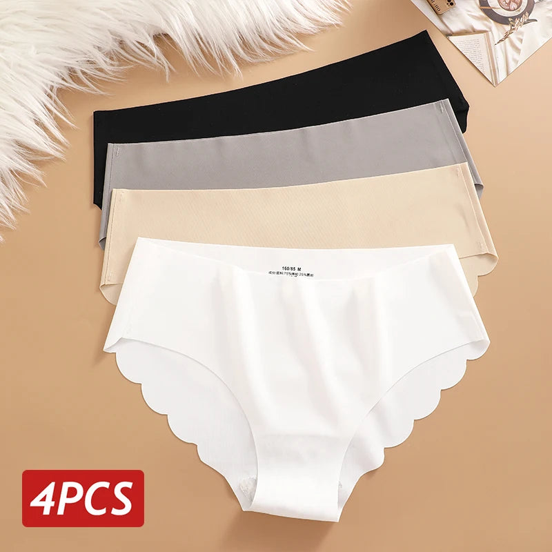 Ice Silk Seamless Panties 4PCS/Set Women's Briefs Solid Color Elastic Underwear Female Ultra Thin No Trace Wavy Side Panties - Matrix Studios