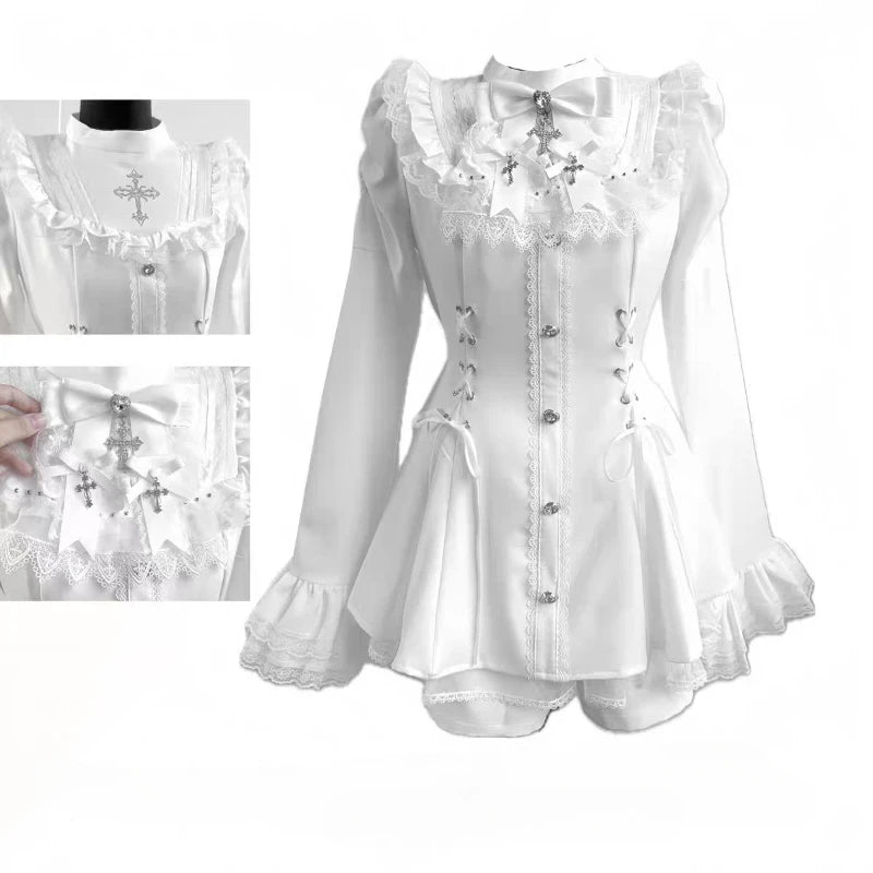 Y2k Aesthetic Lolita Style Bow Dress Shorts Set Japanese Women Gothic Lace Flare Sleeve Button Shirt Dress Punk Party Mini Dress - Matrix-studios.com