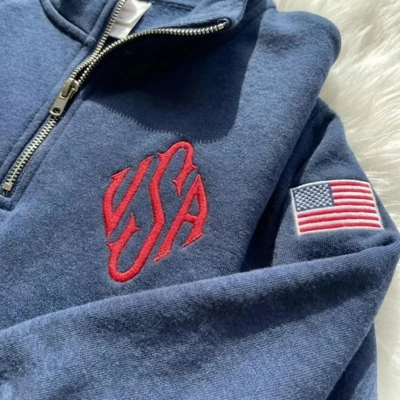 Y2K Navy Blue Quarter Zip Sweatshirt USA Embroidered American Flag Patch Jacket Men Women Vintage Streetwear Fashion Trend Top - Matrix Studios