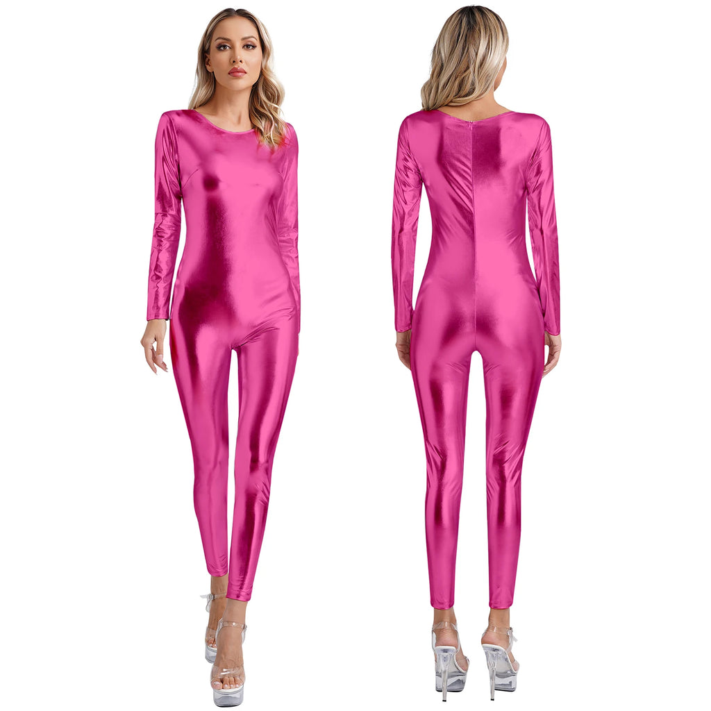 Womens Metallic Shiny Bodysuit Clubwear Long Sleeve Slim Fit Full Body Jumpsuit Nightclub Rave Party Musci Festival Costumes - Matrix Studios