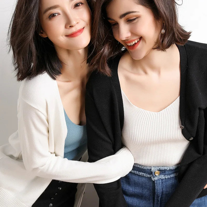 Cardigans Women 2025 Autumn Single Breasted V-neck Knitted Sweater Fashion Short Knitwear Solid Blue Green Pink Women's Jumpers - Matrix Studios