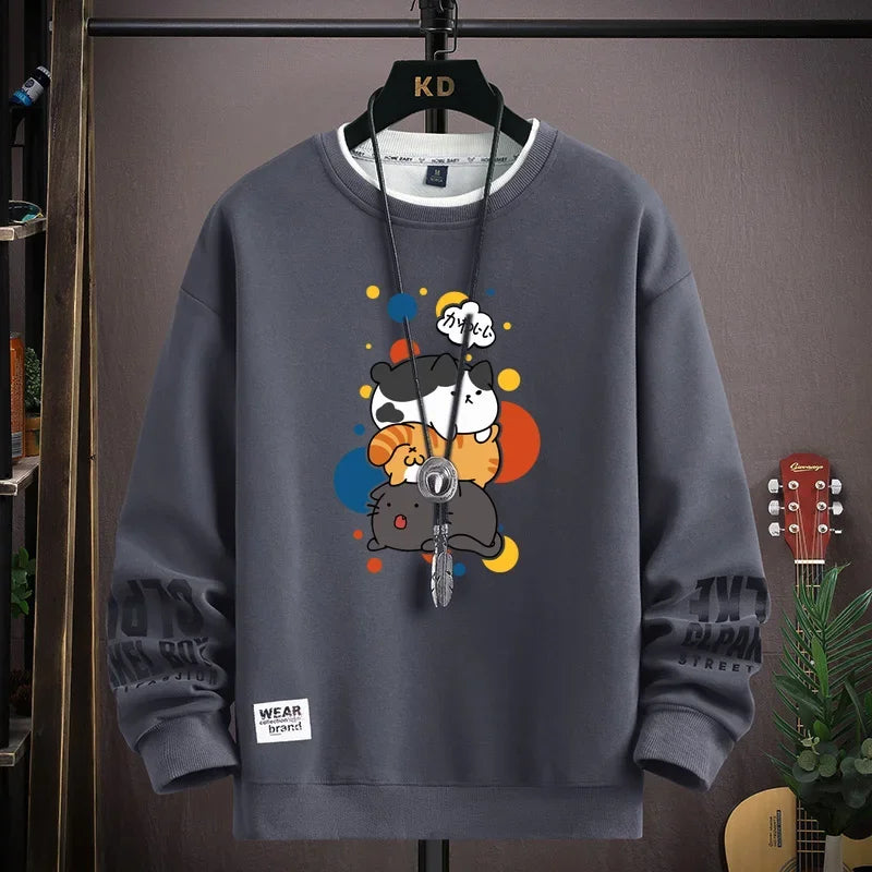 Spring Men's Sweatshirt Japan Cartoon Cats Printed Long Sleeve T-shirt Fashion Men's Clothing Khaki O Neck Harajuku Top 2024 New - Matrix Studios