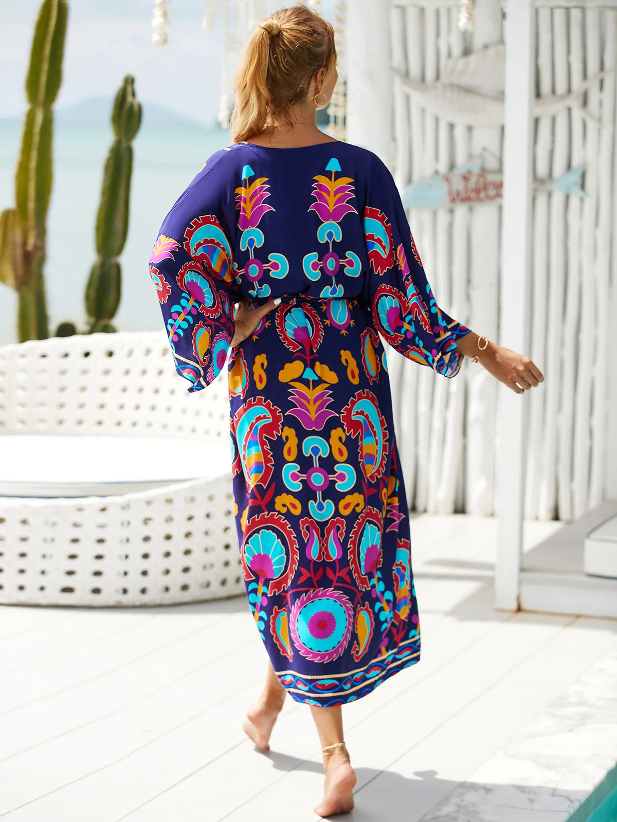 Kimonos Swimsuit Summer Vacation Outfit for Women Beach Robe Long Pool Cover Up Colorful Dress for Swimwear - Matrix Studios