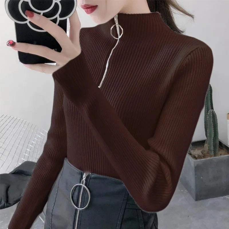 Knitted Women Zipper Half High Neck Sweater Pullovers Autumn Winter Basic Women Sweaters Slim Solid Knitwear Pull Femme Tops - Matrix-studios.com