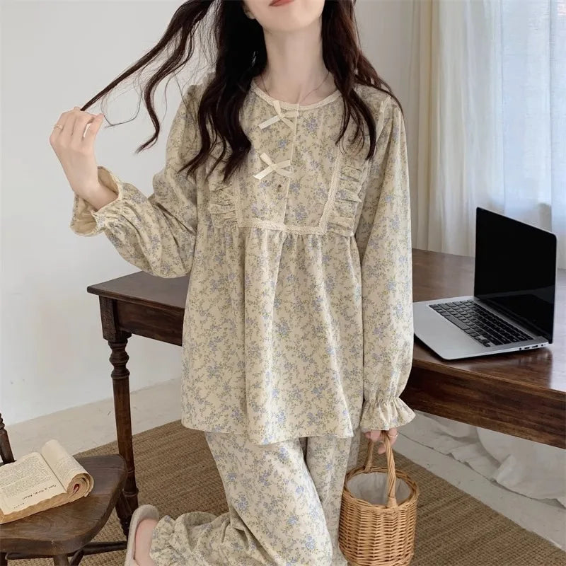 Four Seasons Can Wear Korean Style Floral Women's Pajamas Tops and Pants Summer Student Sleepwear Homewear Girl Sweet Nightwear - Matrix-studios.com