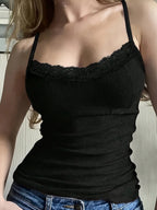 2025 Spring and Autumn New Lace Black Tank Top Sexy and Beautiful Solid Color Design Strap Bottom Shirt - Matrix-studios.com