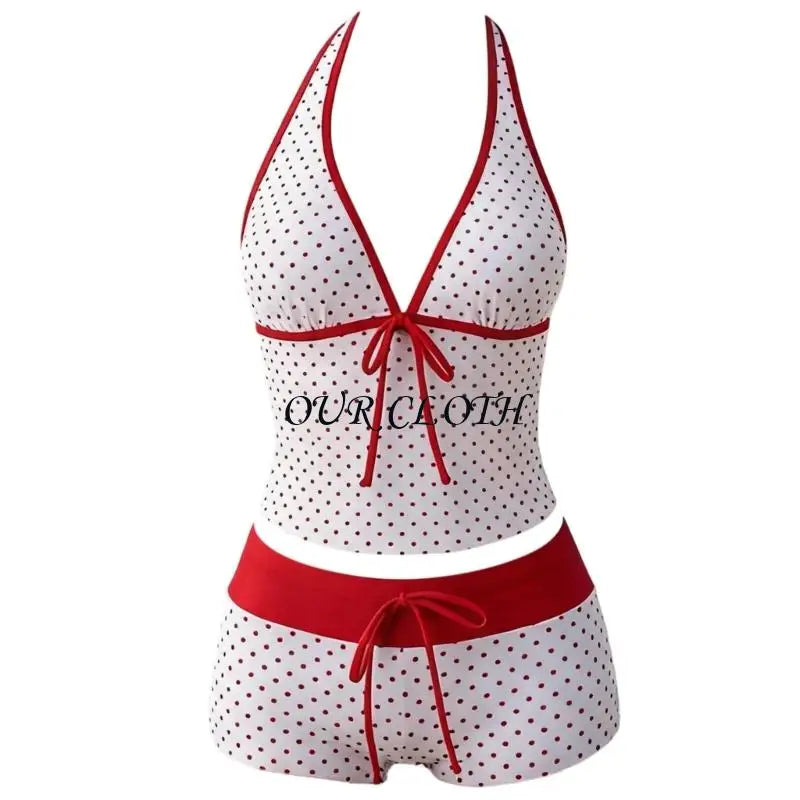 Women Polka Dot Tankini Swimsuit Halter V Neck Tie Front Waist Boyshort Set Contrast Color Stretch Beach Bathing Suit - Matrix-studios.com