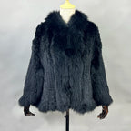 New Real Genuine Natural Knitted Rabbit Fur Shawl Coat With Fox Fur Collar Women's Fashion Knit Jacket Cape - Matrix Studios