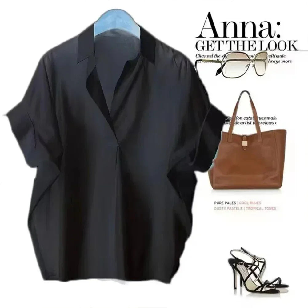 Women Blouses Spring Summer Breathable Simple Short Batwing Sleeve Turn Town Quick Dry Collar Shirts Solid Color Female Clothing - Matrix-studios.com