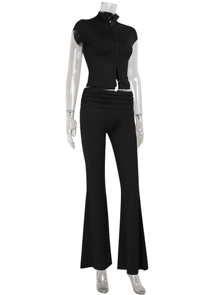 Ahagaga Sexy Women's Sets Short Sleeves Hollow Out Skinny Zipper Basic 2Pcs (Tops+Long Pants) High Street Turtleneck Reacksuits - Matrix-studios.com