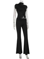 Ahagaga Sexy Women's Sets Short Sleeves Hollow Out Skinny Zipper Basic 2Pcs (Tops+Long Pants) High Street Turtleneck Reacksuits - Matrix-studios.com