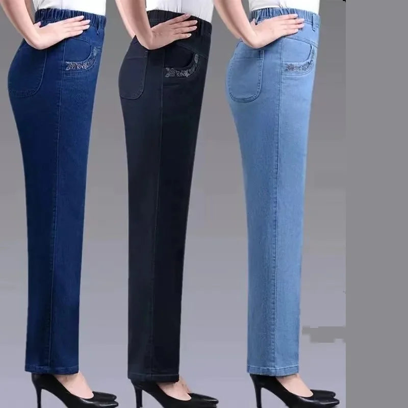 Middle aged elderly Women's Jeans Embroidered Pockets Elastic waist Mom Pants Casual Denim Straight leg Trousers 2025 New Spring - Matrix-studios.com
