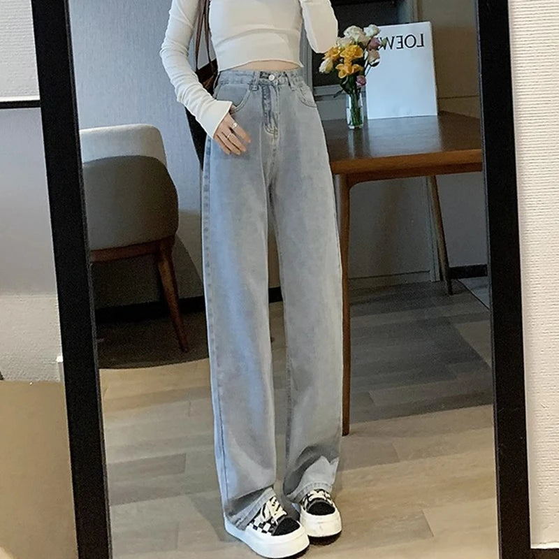 Woman Vintage Wide Leg Jeans Girls High Waist Pants Female Fashion Black Black Grey Retro Blue Light Blue Pink Denim Trousers - Matrix-studios.com