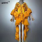 WINYI Middle East Boho Maxi Kaftan Dress Elegant Pleated Elastic Beach Cover up Luxury Party Evening Dubai Style Abaya - Matrix-studios.com
