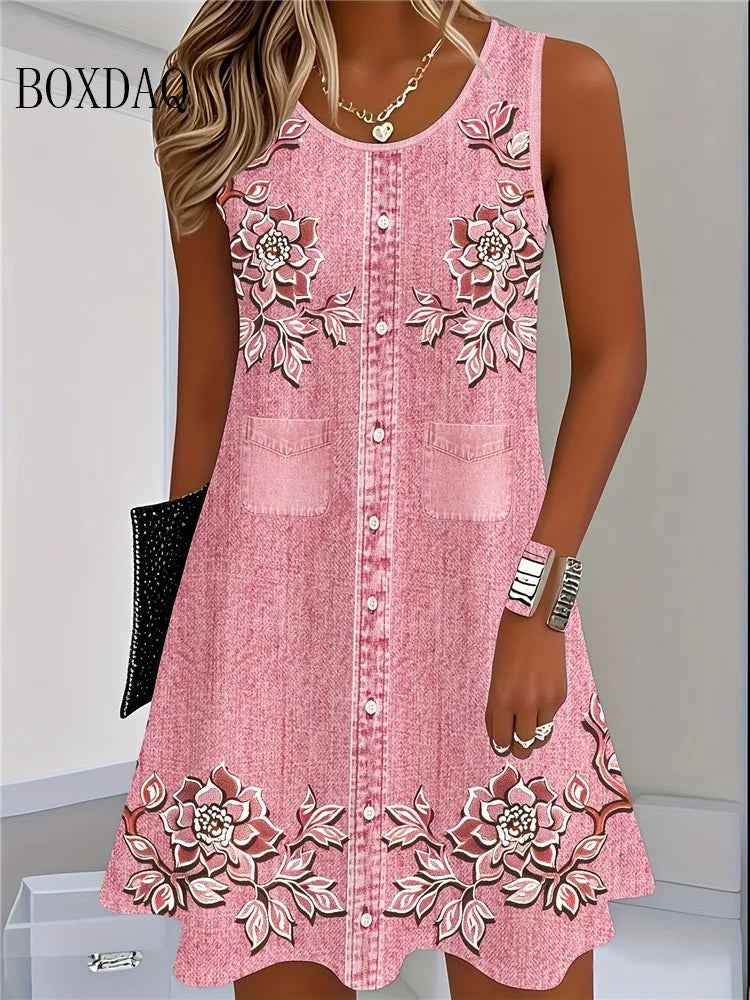 2025 Women Summer Sleeveless Bohemian Dress Fashion Imitate Cowboy Vest Flowers Print Dress Casual Tank Beach Dresses For Women - Matrix-studios.com