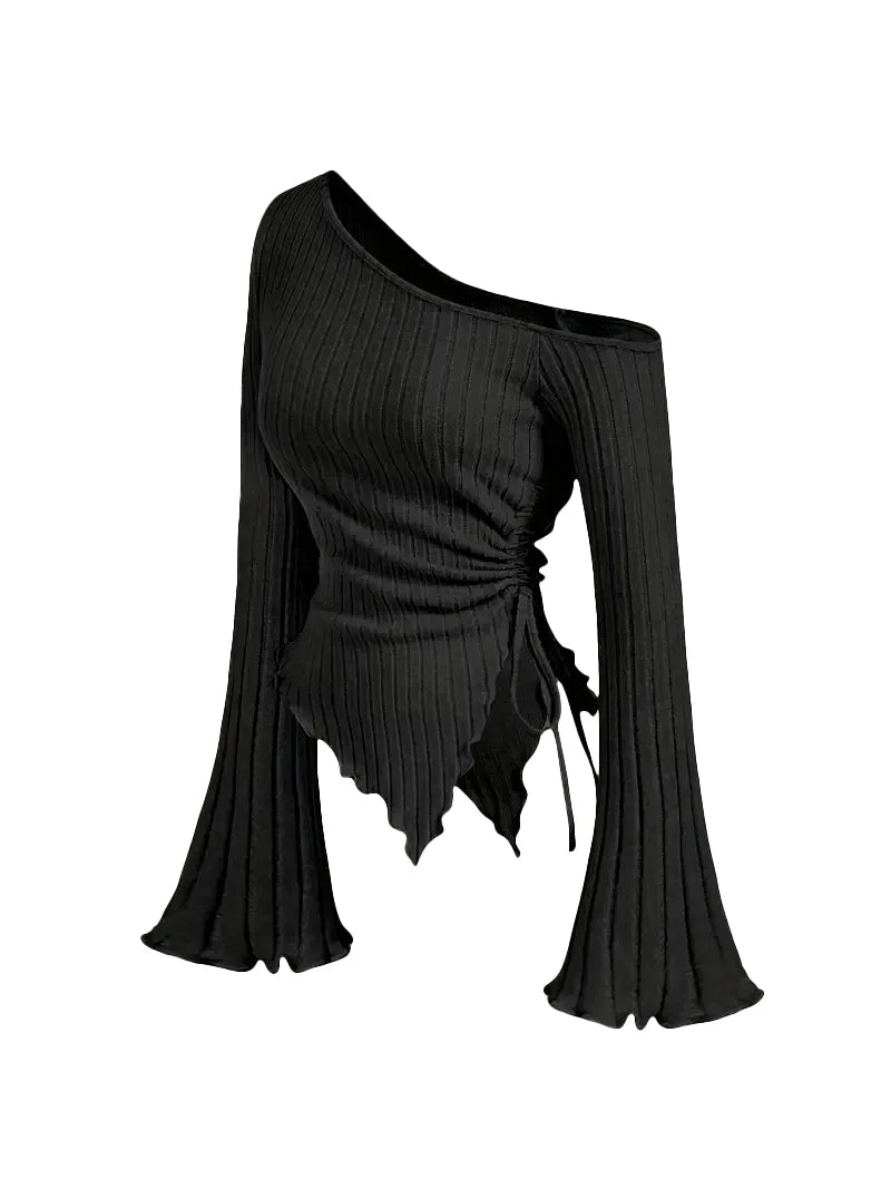 Women's Off-Shoulder Cross Long-Sleeved Slim Fit T-Shirt Asymmetrical Street Style Casual Elegant Top with Trumpet Sleeves - Matrix-studios.com
