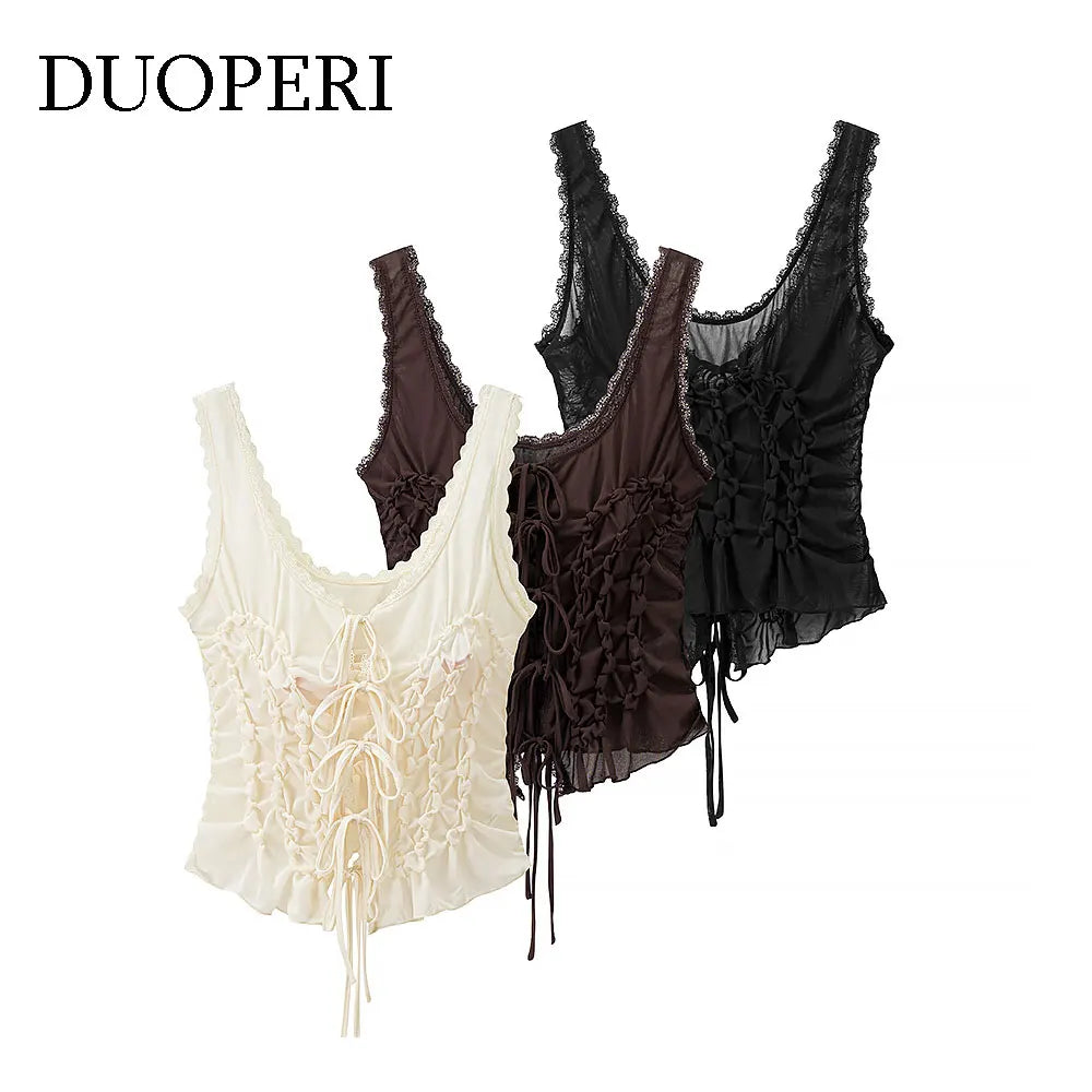 DUOPERI Women Y2K Fashion Solid Pleated Lace Up Slim Fitting Camisole Straps V-Neck Female Chic Lady Casual Tank Tops - Matrix-studios.com