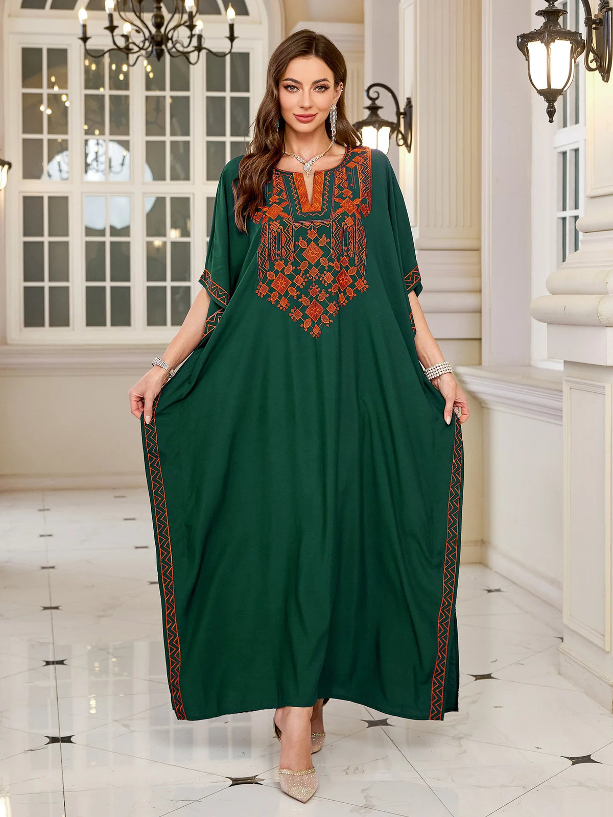 Women Embroidered Long Caftans Plus Size Kaftan Dresses Beach Bathing Suit Cover Up Moomoo Dress Moroccan Robe - Matrix Studios