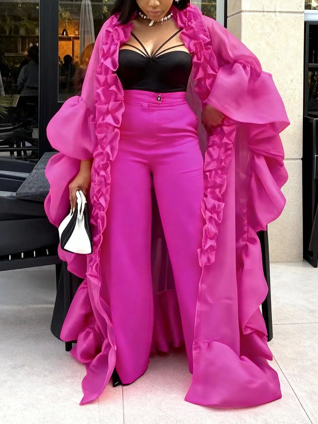 Two Pieces Women Pant Sets Solid Matching Set Pleated Lace Puff Sleeves Long Cardigan Wide Leg Pants Loose Casual 2026 Spring - Matrix-studios.com