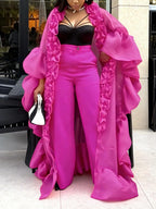 Two Pieces Women Pant Sets Solid Matching Set Pleated Lace Puff Sleeves Long Cardigan Wide Leg Pants Loose Casual 2026 Spring - Matrix-studios.com