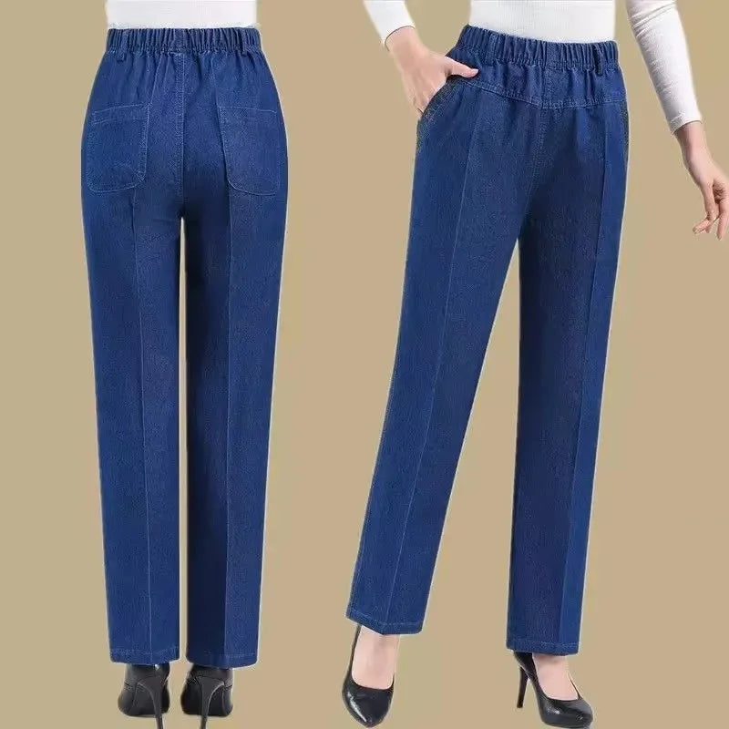 Middle aged elderly Women's Jeans Embroidered Pockets Elastic waist Mom Pants Casual Denim Straight leg Trousers 2025 New Spring - Matrix-studios.com