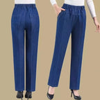 Middle aged elderly Women's Jeans Embroidered Pockets Elastic waist Mom Pants Casual Denim Straight leg Trousers 2025 New Spring - Matrix-studios.com